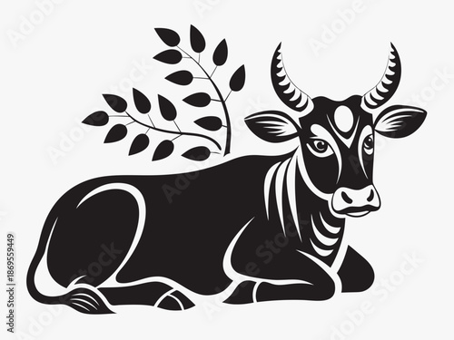 A striking black and white illustration of a lying down cow with foliage