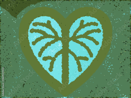 A heart shaped monstera leaf design with a textured green and teal palette
