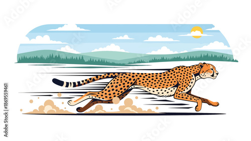 Flat vector illustration of a cheetah running across open land, wildlife speed and hunting behavior shown in a clean educational nature illustration