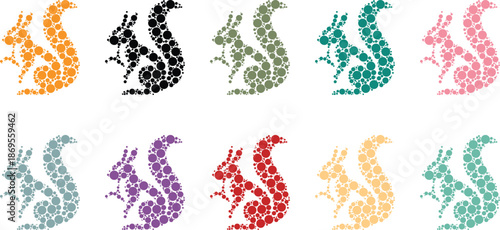 Colorful squirrel silhouettes made of circles rodent art, Abstract squirrel dot art animal set