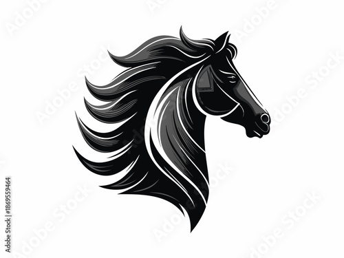 Elegant black horse head illustration with flowing mane and detailed features
