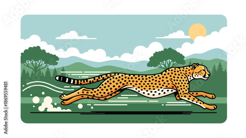 Flat vector illustration of a cheetah running across open land, wildlife speed and hunting behavior shown in a clean educational nature illustration
