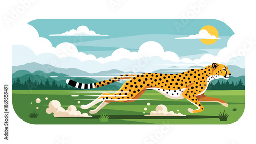 Flat vector illustration of a cheetah running across open land, wildlife speed and hunting behavior shown in a clean educational nature illustration