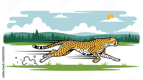 Flat vector illustration of a cheetah running across open land, wildlife speed and hunting behavior shown in a clean educational nature illustration