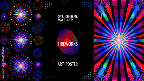 Vibrant fireworks display art poster with colorful bursts and celebratory text