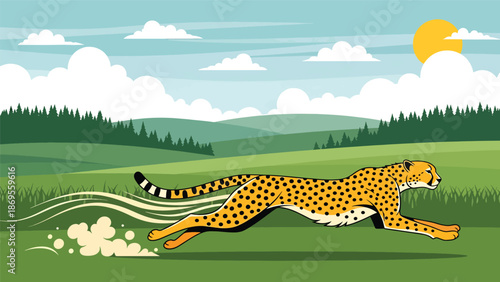Flat vector illustration of a cheetah running across open land, wildlife speed and hunting behavior shown in a clean educational nature illustration