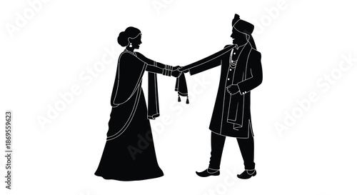 Indian wedding couple holding hands in traditional attire a striking silhouette