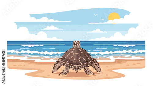 Flat vector illustration of a sea turtle moving toward the ocean, marine wildlife migration behavior and coastal habitat education concept