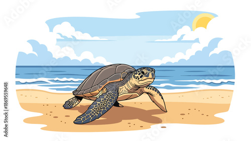 Flat vector illustration of a sea turtle moving toward the ocean, marine wildlife migration behavior and coastal habitat education concept