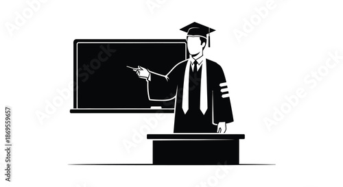A graduating student presenting at a chalkboard a striking silhouette