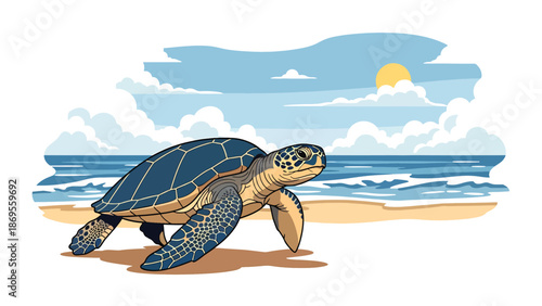 Flat vector illustration of a sea turtle moving toward the ocean, marine wildlife migration behavior and coastal habitat education concept