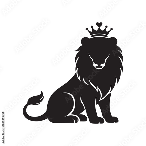 majestic lion wearing a crown, symbol of power and royalty in a silhouette illustration