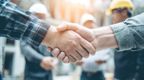 Construction workers handshake agreement