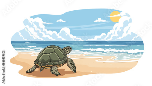 Flat vector illustration of a sea turtle moving toward the ocean, marine wildlife migration behavior and coastal habitat education concept