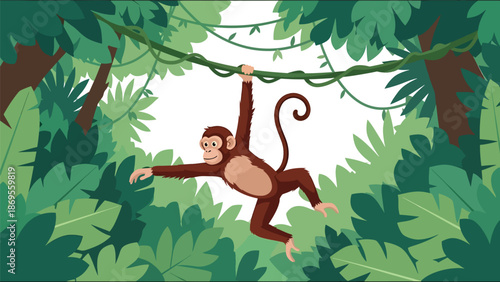 Flat vector illustration of monkeys swinging between branches, jungle wildlife movement and playful behavior presented in an educational nature scene