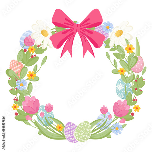Circular Easter Floral Frame with Pink Ribbon Bow and Eggs