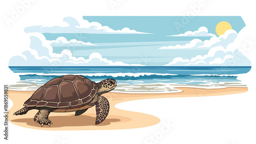 Flat vector illustration of a sea turtle moving toward the ocean, marine wildlife migration behavior and coastal habitat education concept