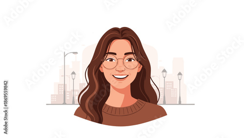 A portrait of a young woman with long brown hair and glasses, smiling warmly against a blurred cityscape background, conveying approachability and confidence.