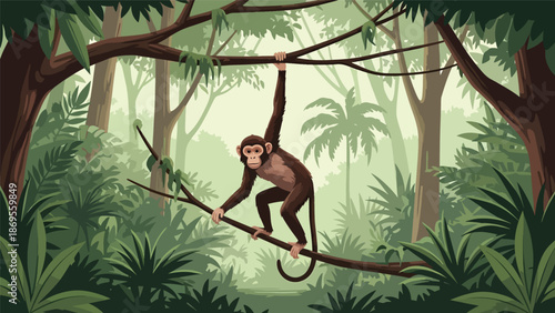 Flat vector illustration of monkeys swinging between branches, jungle wildlife movement and playful behavior presented in an educational nature scene