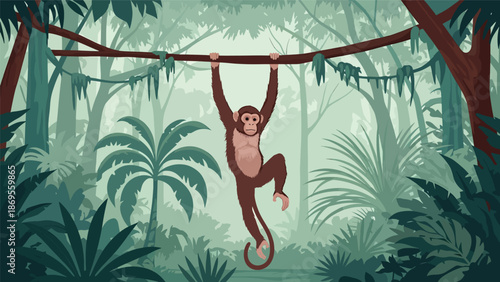 Flat vector illustration of monkeys swinging between branches, jungle wildlife movement and playful behavior presented in an educational nature scene