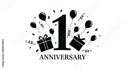 First anniversary celebration with balloons gifts and a bold number one silhouette