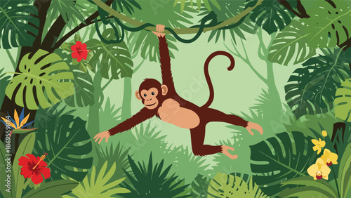 Flat vector illustration of monkeys swinging between branches, jungle wildlife movement and playful behavior presented in an educational nature scene