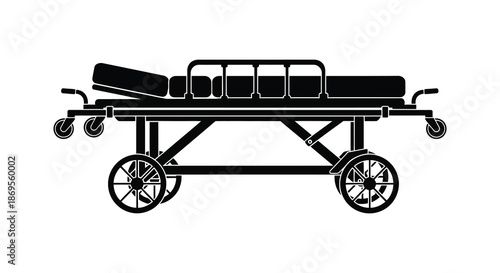 Black and white medical stretcher illustration presented as a sleek silhouette