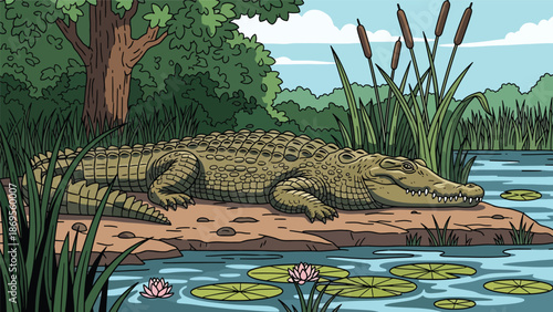 Flat vector illustration of a crocodile resting near a riverbank, wetland wildlife behavior and natural habitat shown for conservation education