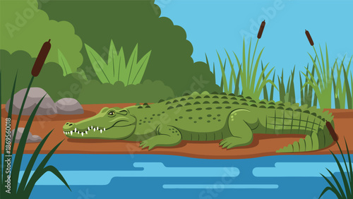Flat vector illustration of a crocodile resting near a riverbank, wetland wildlife behavior and natural habitat shown for conservation education