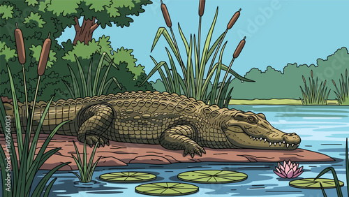 Flat vector illustration of a crocodile resting near a riverbank, wetland wildlife behavior and natural habitat shown for conservation education