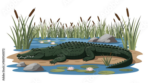 Flat vector illustration of a crocodile resting near a riverbank, wetland wildlife behavior and natural habitat shown for conservation education