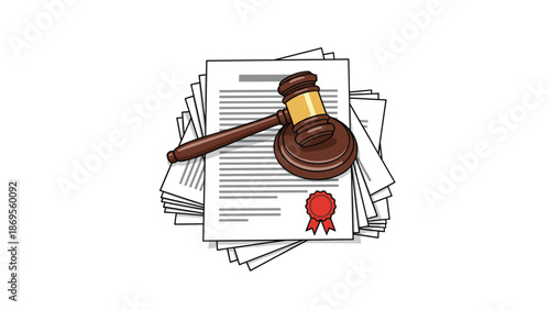 A judge's gavel lies on top of a stack of legal documents sealed with a red wax stamp, representing the legal system and judicial decisions.