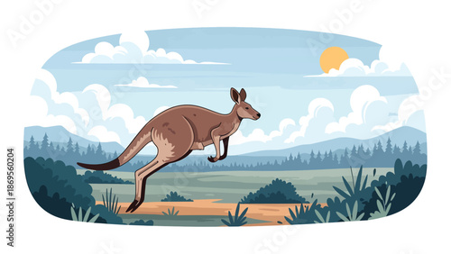 Flat vector illustration of a kangaroo hopping across open land, wildlife locomotion and survival behavior in natural habitat for education themes