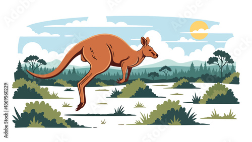 Flat vector illustration of a kangaroo hopping across open land, wildlife locomotion and survival behavior in natural habitat for education themes