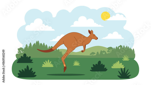 Flat vector illustration of a kangaroo hopping across open land, wildlife locomotion and survival behavior in natural habitat for education themes
