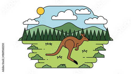 Flat vector illustration of a kangaroo hopping across open land, wildlife locomotion and survival behavior in natural habitat for education themes