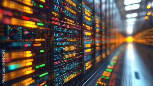 Abstract render of glowing server racks in a data center hallway