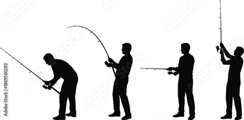 Fishing men silhouette sequence casting and reeling rods outdoor leisure sport hobby angling action patience recreation isolated concept