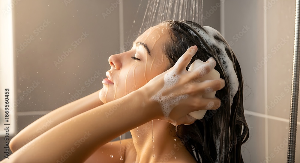 Naklejka premium Woman washing her hair with shampoo and water in a shower.