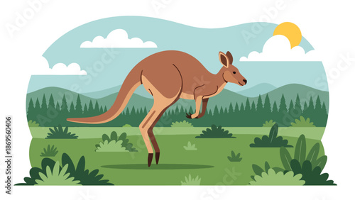Flat vector illustration of a kangaroo hopping across open land, wildlife locomotion and survival behavior in natural habitat for education themes