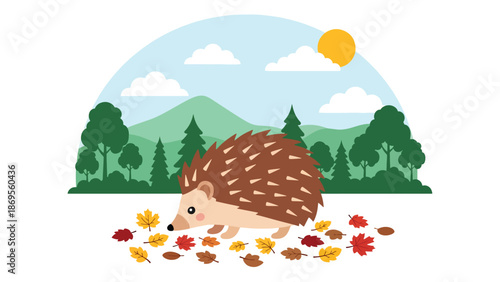 flat vector illustration of a hedgehog foraging among leaves, small wildlife feeding behavior in woodland habitat for educational nature use