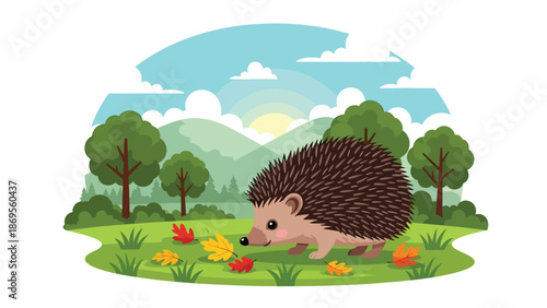 flat vector illustration of a hedgehog foraging among leaves, small wildlife feeding behavior in woodland habitat for educational nature use