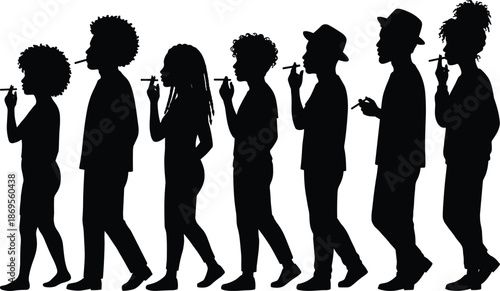 People smoking silhouette group showing cigarette addiction habit lifestyle health risk social behavior and tobacco consumption concept