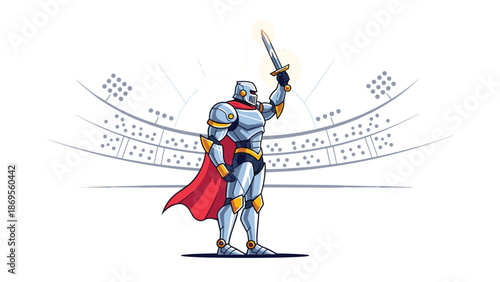 A futuristic knight in armor holds a glowing sword aloft in a stadium setting.