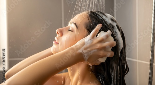 Woman washing her hair with shampoo and water in a shower.