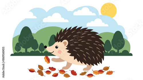flat vector illustration of a hedgehog foraging among leaves, small wildlife feeding behavior in woodland habitat for educational nature use