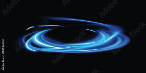 Blue speed lights on dark background. Abstract laser beams of light. Chaotic neon lines. Futuristic dynamic motion technology.