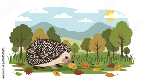 flat vector illustration of a hedgehog foraging among leaves, small wildlife feeding behavior in woodland habitat for educational nature use