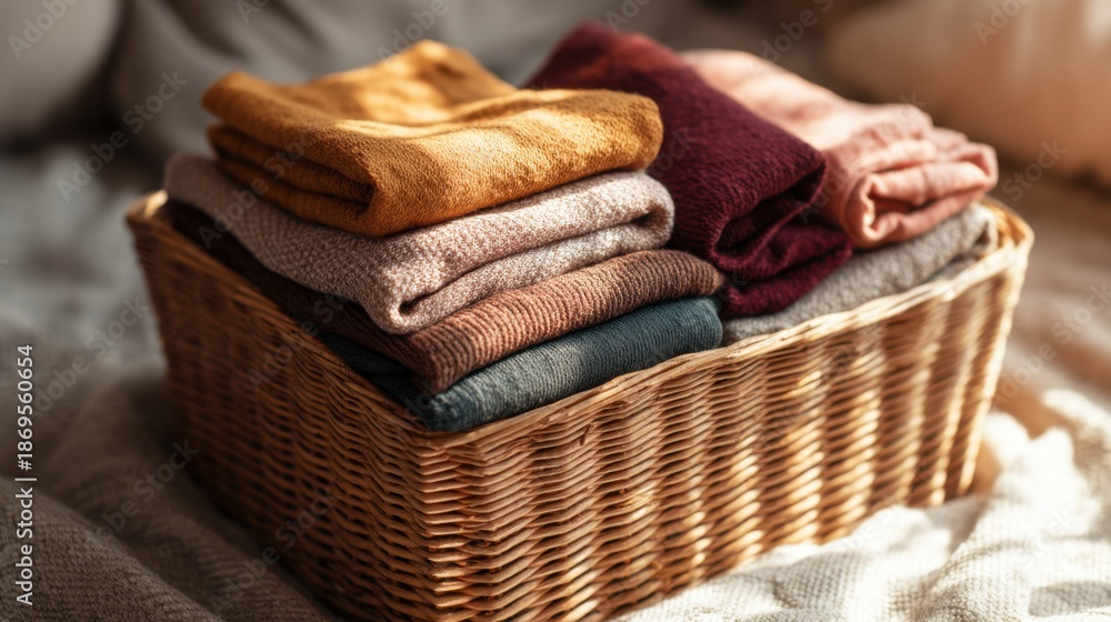 Obraz premium Cozy laundry basket with neatly folded warm knit clothes. Autumn and winter comfort at home, a simple act of organizing and coziness.