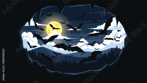Flat vector illustration of bats flying out of a cave at dusk, nocturnal wildlife activity and ecosystem balance concept for education themes